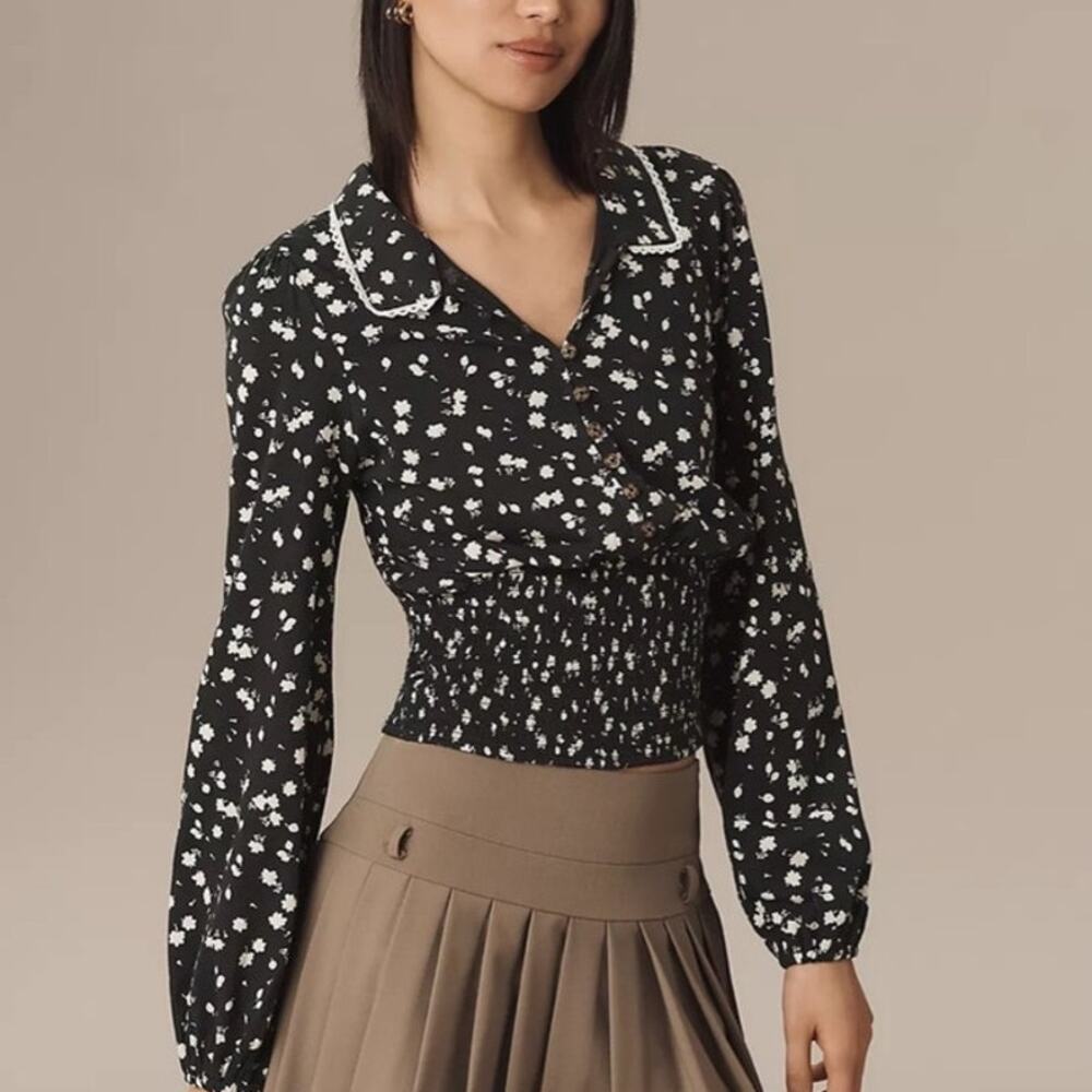 Maeve Anthropologie Black Floral Smocked Button Front Blouse Top XS Cotton NWT